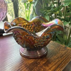 Vintage Imperial Carnival Glass Marigold Ruffle Bowl Featuring a Grape Design